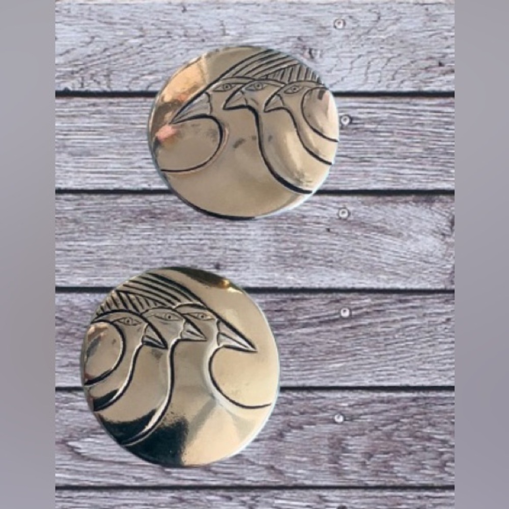 Laurel Burch "Celestial Birds"medallion Earrings clip on vintage 1970’s